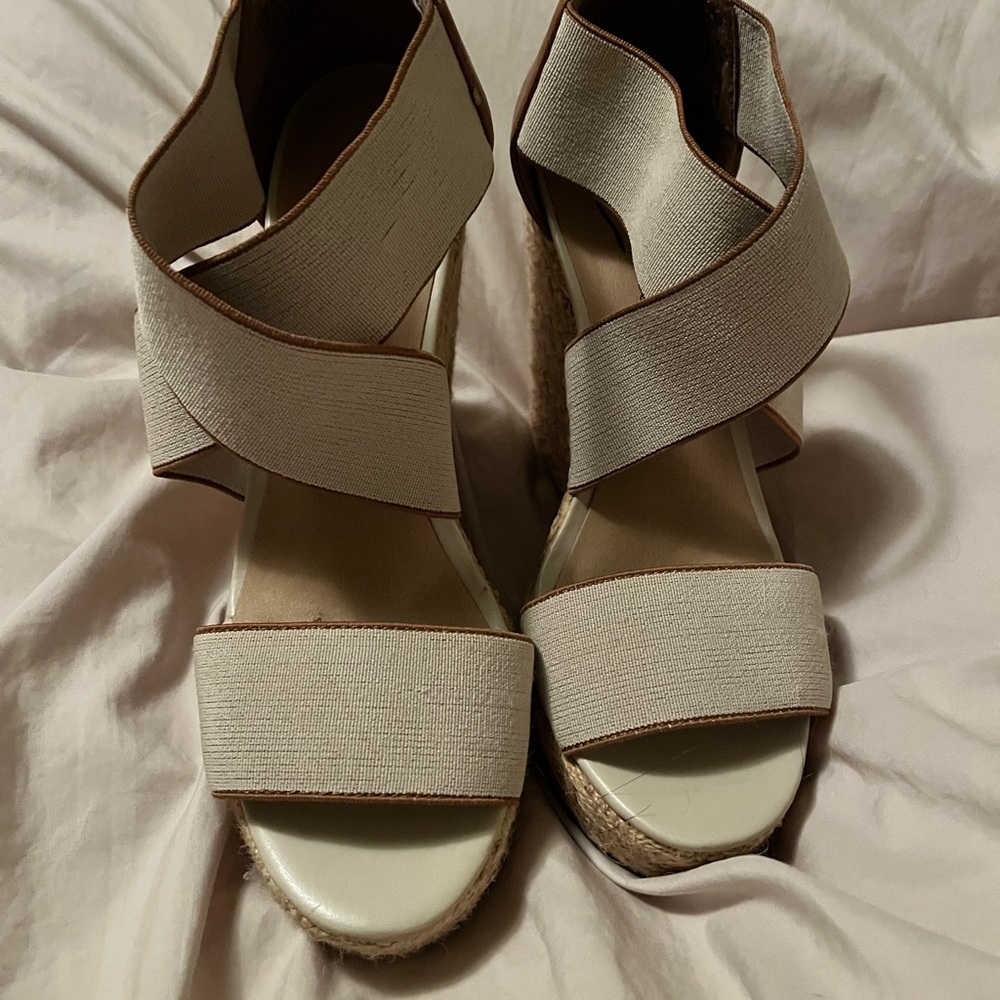Candie’s Cream and Brown Wedge Sandals - Picture 2 of 7